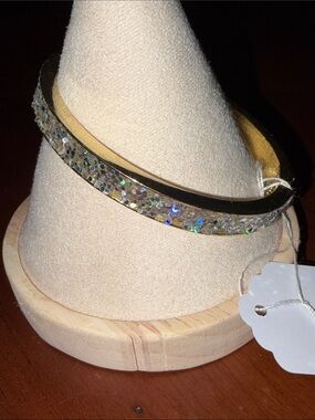 Iridescent clear silver glitter gold metal oval cuff bracelet